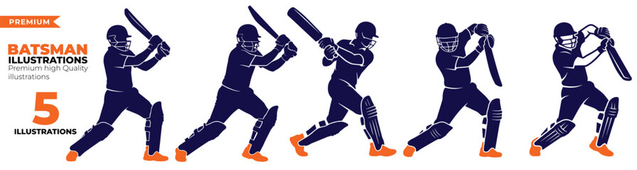 Fototapeta premium Batsman Cricket Player Illustration Pack Vector Set for Sport Action Batting Bowling Match and Competition Design