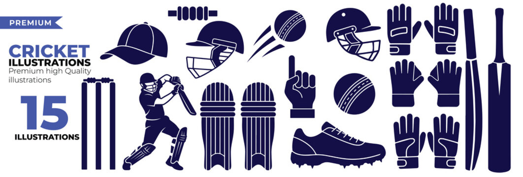 Cricket Icons Pack Vector Set for Match Game Bat Ball Wicket Trophy and Tournament Concepts