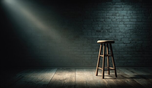 Solo wooden stool bathed in dramatic spotlight against dark brick wall