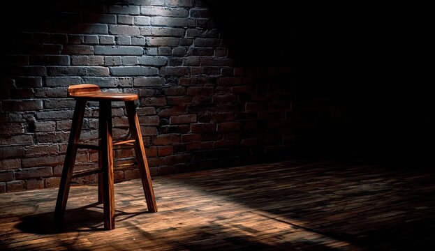 Empty stool stands on a wooden floor in a spotlight against a brick wall