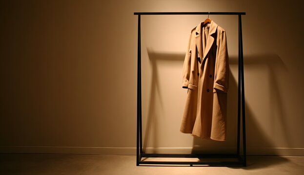 Elegant trench coat hangs on a minimalist rack, bathed in warm, dramatic light