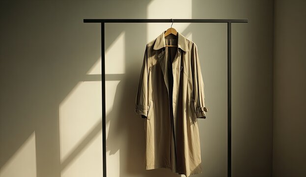 A light tan trench coat hangs on a minimalist rack, bathed in warm sunlight