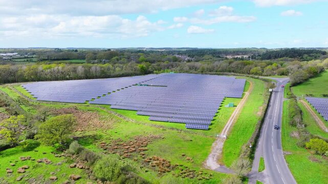 Aerial shot of solar farm near Wool in Dorset, UK