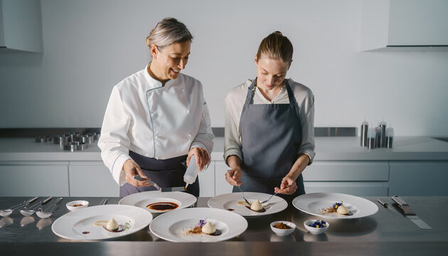 Two professional chefs working together, preparing and plating intricate gourmet desserts, focusing on high-end cuisine and mentorship