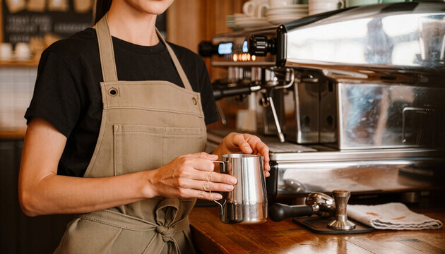 Barista preparing coffee drink holding milk pitcher by professional espresso machine in cafe