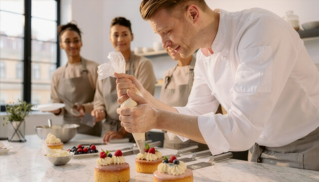 Pastry chef demonstrating baking techniques, piping frosting onto small cakes with students observing in a culinary class