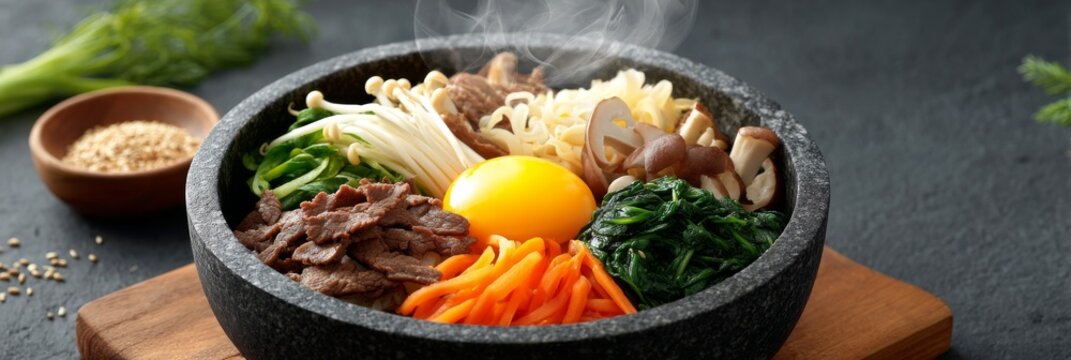 Vibrant Korean bibimbap in a stone bowl with fresh ingredients and an egg.