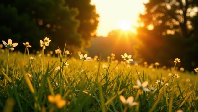 Golden hour light bathes Kentucky bluegrass, sun rays from right , background, light, warm light