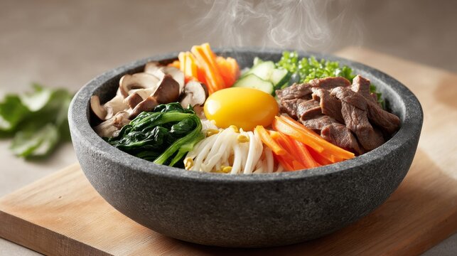 A steaming bowl of bibimbap with vegetables, beef, egg, and rice in stone bowl.