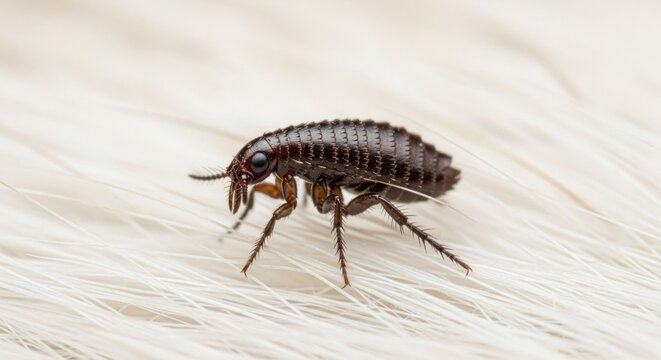 Single Black Flea Parasite Captured in High-Detail Macro Photography on White Fur.