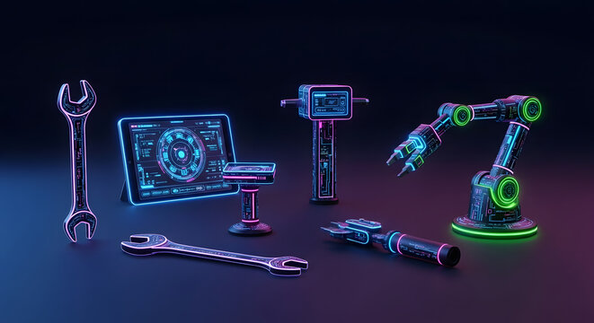 Futuristic maintenance tools with neon blue and pink glowing outlines. Robotic arm, digital tablet, and smart wrenches on dark background representing industry 4.0 and advanced technology concepts.