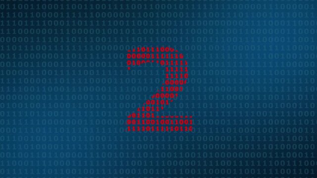 Large red number two formed by binary code digits zero and one against a dark blue background of scrolling binary data streams representing digital information and computer programming