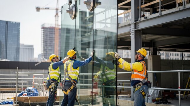 Construction workers install large glass panels in an urban setting, showcasing teamwork and safety in the building process.