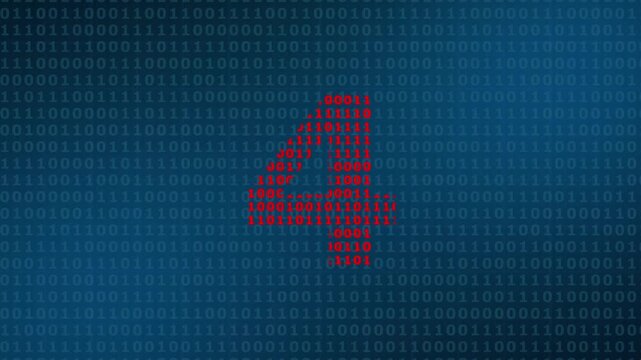Large red number four formed by binary code digits zero and one against a dark blue background of scrolling binary data streams representing digital information and computer programming