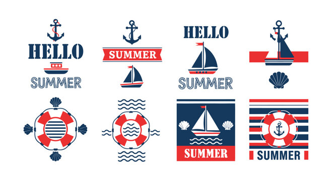 Nautical themed hello summer badges with sailboats and anchors