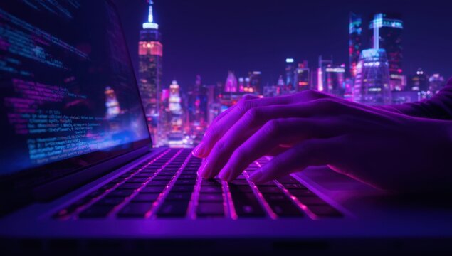 Closeup of hands typing on a laptop keyboard with a vibrant, neonlit city skyline at night