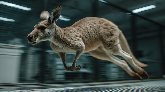 A powerful eastern grey kangaroo is seen in an impressive full-stretch leap, demonstrating its incredible speed and agility as it bounds across a structured indoor floor, with motion blur conveying dy