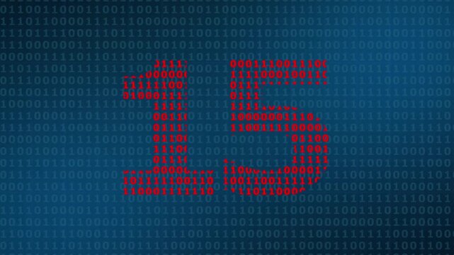 Large number fifteen formed by red binary code digits against a dark blue background filled with a pattern of repeating zeros and ones representing computer data and digital information