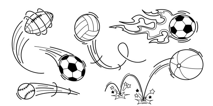 Dynamic ball bounce set with spiral spinning trajectory and jumping curves, vector speed motion doodle icons with movement direction effect, rebound paths, black flowing lines on white background