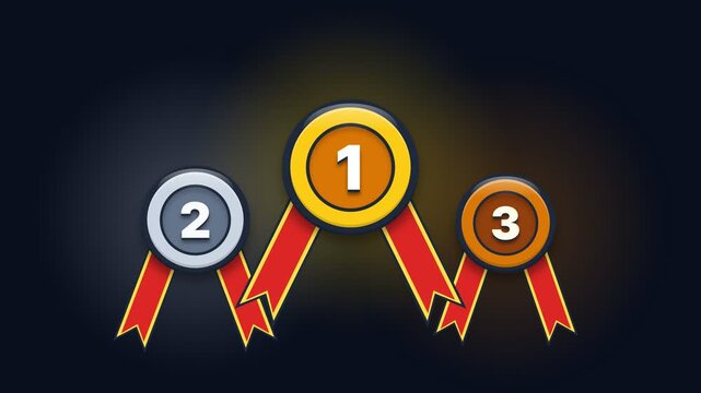Gold silver and bronze medal icons for first second and third place winners with red ribbons on dark background