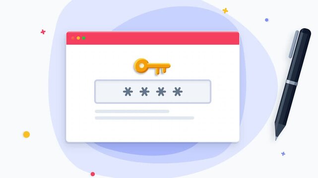 Website Password Login Interface with Golden Key and Pen Illustration for Cyber Security and Data Privacy Concepts
