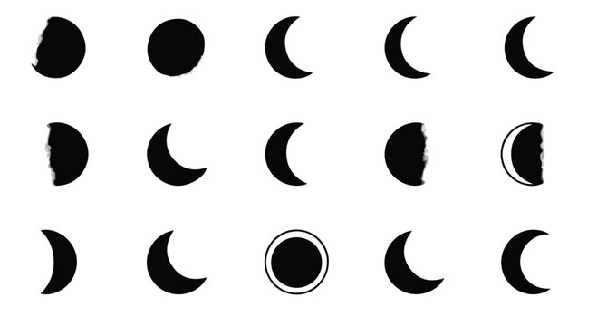 Collection of black silhouette moon phases including full moon crescent waxing waning and eclipse stages