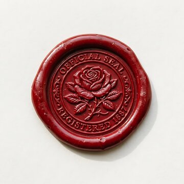 Vintage red wax seal with embossed rose and inscription official seal registered 1887