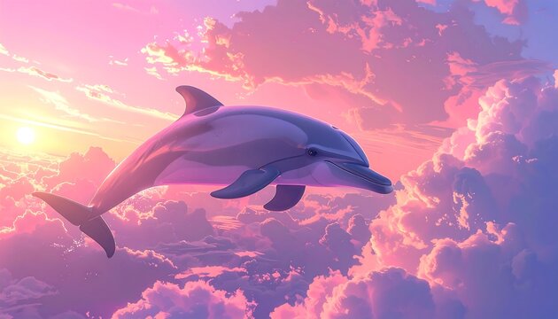 Dreamy dolphin leaping through a vibrant sky with soft clouds and sunset glow