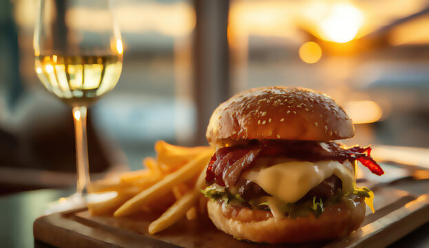 Gourmet burger, crispy fries, and wine served at sunset