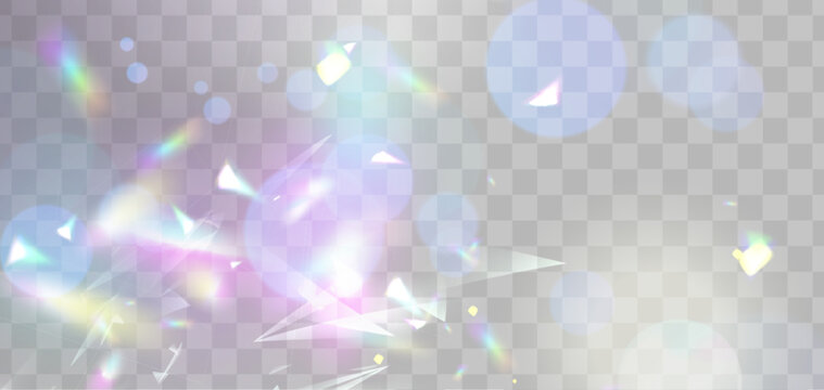 Light prism effect with rainbow spectrum, crystal flare overlay, abstract vector background. Iridescent radiant glow and refraction rays with holographic neon lens sparkle