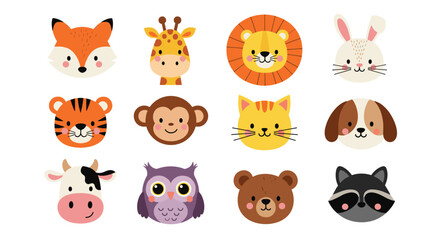 Fototapeta premium Cute Animal Face Icon Set with Fox, Giraffe, Lion, Rabbit, Dog, Cow, Owl, Monkey, Tiger Cartoon Characters for Kids Design