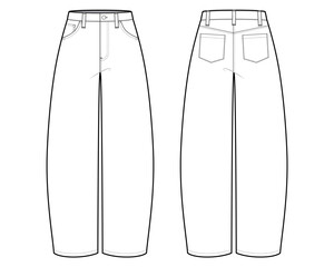 Baggy High Waist Barrel Jeans- Flat Vector Illustration-Front and Back View- Technical Illustration- CAD Mock-up © Line_Studio