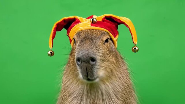 A capybara wearing a red and yellow jester hat with bells, looking directly at the camera against a vibrant green background.