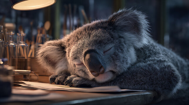 An adorable koala is seen completely absorbed in a deep sleep, curled comfortably on a desk amidst scattered papers and various laboratory items, bathed in the inviting glow of a warm desk lamp, sugge