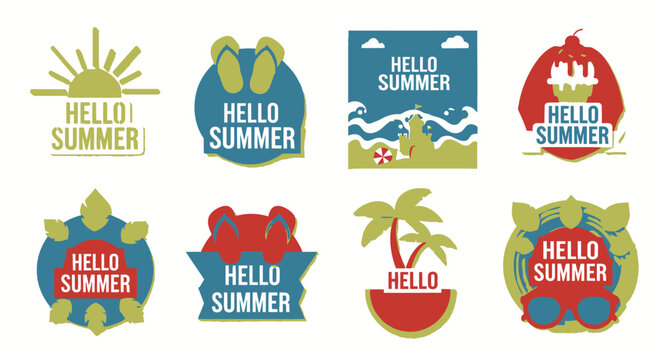 Retro hello summer badge collection with colorful vacation symbols