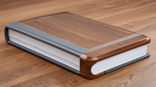 Close up of a large book with a wooden cover on a wooden surface