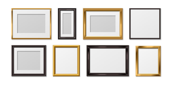 Elegant gold frames with wooden or metal borders for photos and artwork, 3d realistic vector set isolated on white background. Classic golden picture design for certificates and paintings