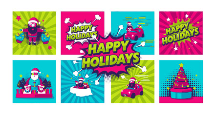 Naklejka premium Retro pop art Santa Claus comic book panels for Christmas