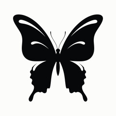 Fototapeta premium Stylized black butterfly silhouette with curved wings and inner cut details isolated on white background vector illustration