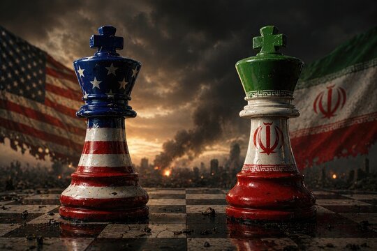 US Iran Geopolitical Stalemate Concept Chess Kings Facing Off in War Scene