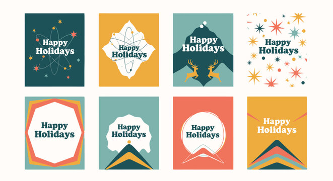 Set of eight mid century modern happy holidays greeting cards
