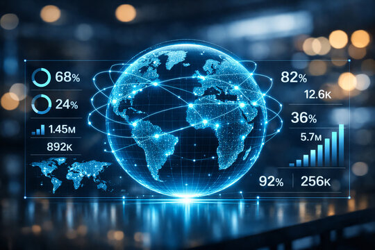 Futuristic digital globe with global network connections and data infographic dashboard on dark blurred background