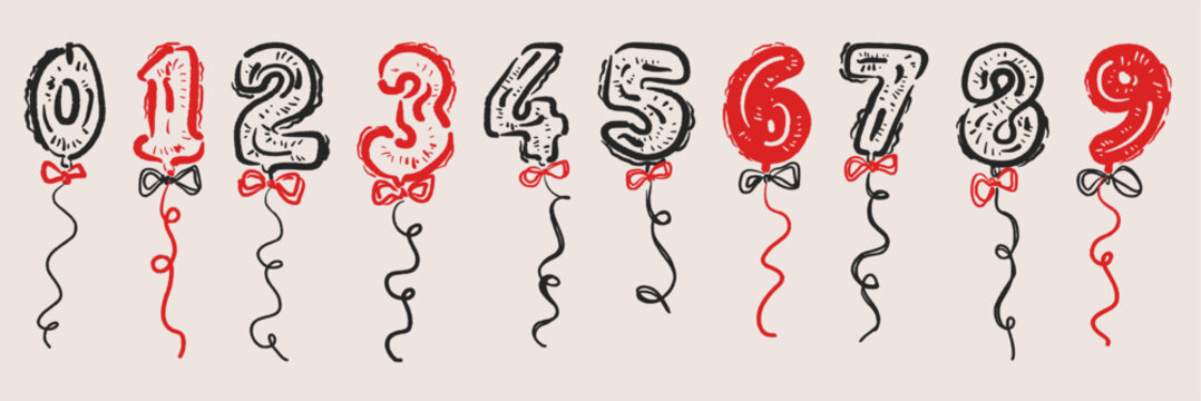Hand drawn birthday number balloons in doodle sketch charcoal style. Festive digits 0-9 for anniversary invitations, greeting cards and party sticker set.