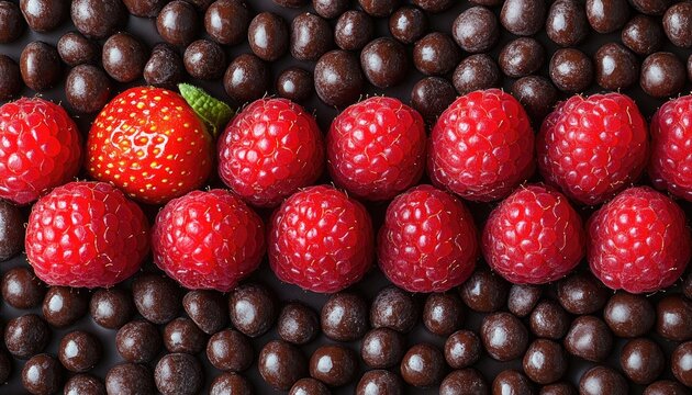 Red raspberries and a strawberry are arranged with chocolate covered candies. Use to show sweet food concepts, or dessert ideas.