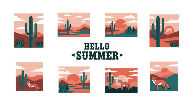 Set of summer desert landscape illustrations with cactus and fox