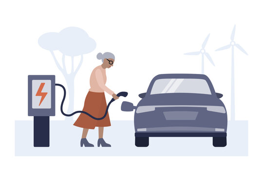 Elderly woman charging electric car at EV station flat vector illustration.