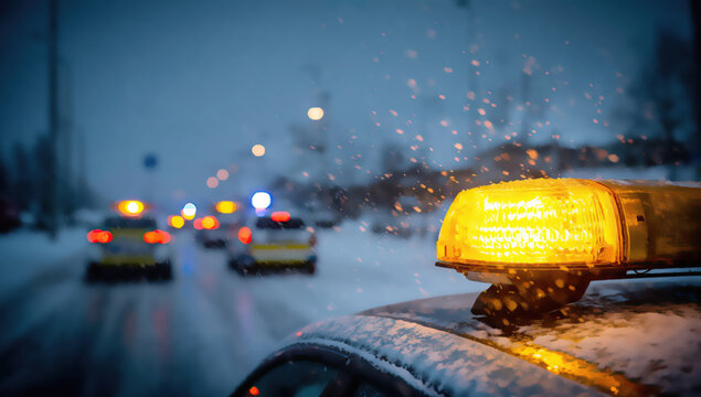 Amber warning light on vehicle roof amid snowy conditions on a road