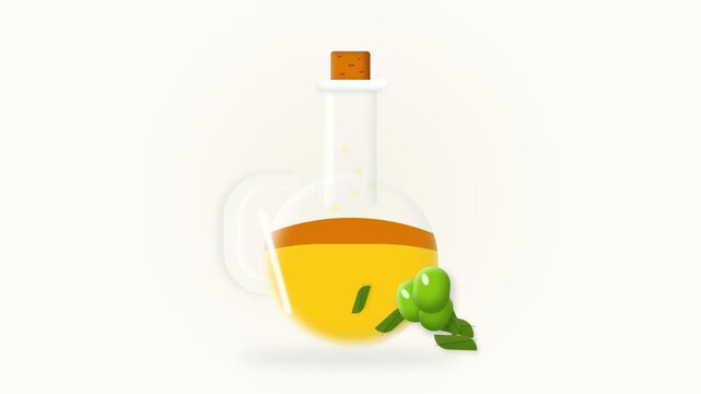 Minimalist 2D Animation of Extra Virgin Olive Oil Glass Bottle with Fresh Green Olives on White