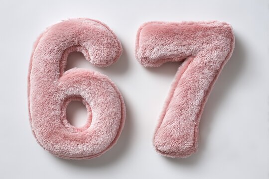 Fluffy Pink Fur Numbers 6 and 7 on White Background. Numbers 6 and 7 on White Background. Six Seven. 6 7.