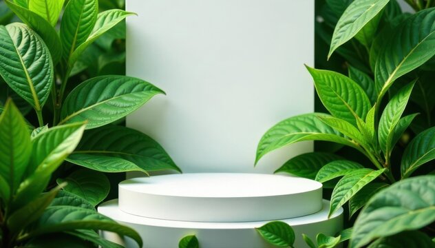 Elevated white platform on lush foliage; organic product showcase, podium, marketing